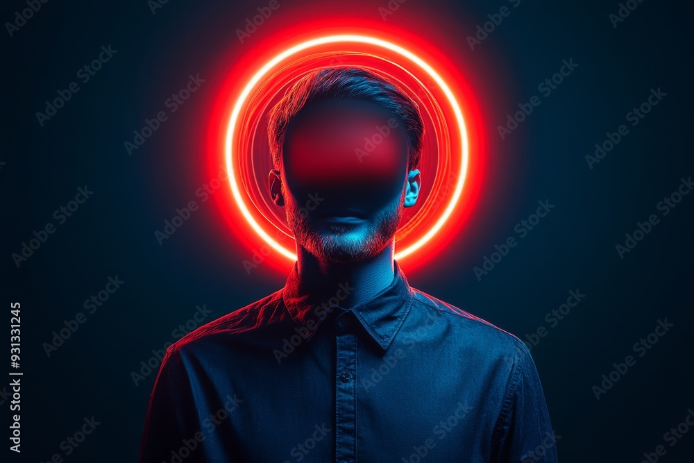 Poster mysterious figure with a red glowing halo shrouded in darkness symbolizing a futuristic enigmatic pr