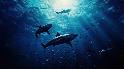 Underwater scene featuring sharks swimming in rays of light.
