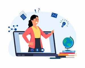 Online teacher on computer screen distant training, video lesson e-learning celebrating teachers' day