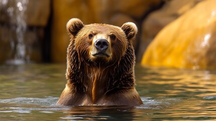 Obraz premium A large brown bear standing in the water, capturing its powerful presence and natural behavior. 