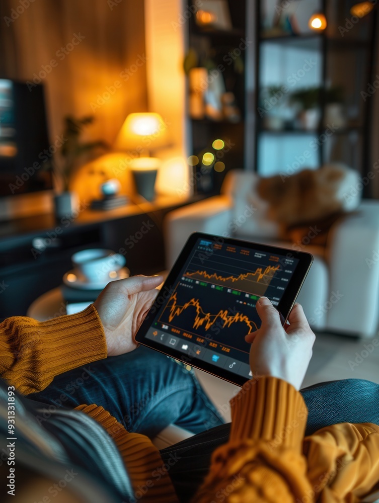 Poster a person is engaged with a tablet displaying financial data and charts while relaxing in a warmly li