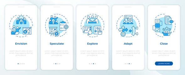 APM steps blue onboarding mobile app screen. Workflow control. Walkthrough 5 steps editable graphic instructions with linear concepts. UI, UX, GUI template. Montserrat SemiBold, Regular fonts used