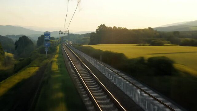 A train glides through vibrant greenery and rolling hills as the sun sets, creating a picturesque backdrop.
