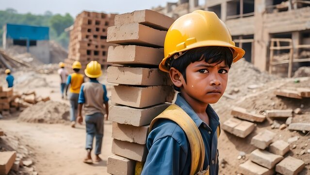 A poor sad boy with tears in eyes, wearing yellow helmet, carrying heavy bricks on his back, working on a construction site, world day against child labor