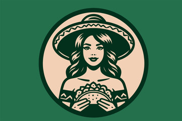 Beautiful young Mexican woman with tacos. Mexican food, retro emblem. Vector illustration, isolated object, icon.