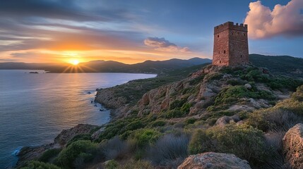 The Aragonese Tower in Isola Rossa, Sardinia, perched on a rocky promontory overlooking the Mediterranean Sea. 