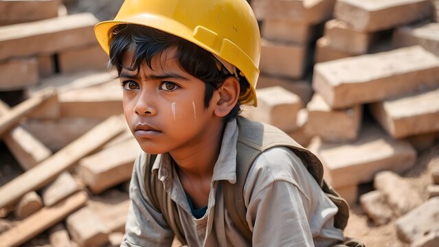 A poor sad boy with tears in eyes, wearing yellow helmet, carrying heavy bricks on his back, working on a construction site, world day against child labor