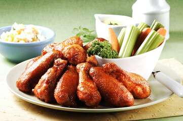 맛있는 양념이 있는 닭봉요리와 신선한 샐러리와 당근.