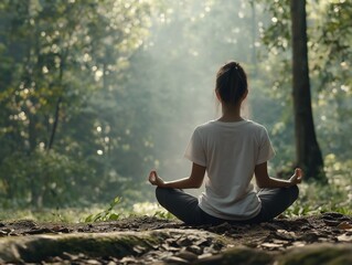 Fototapeta premium Finding Peace in Nature's Embrace: A woman finds tranquility amidst a sun-dappled forest, her serene meditation embodying harmony and mindfulness.