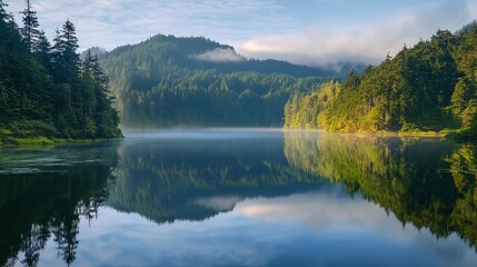 Fototapeta premium Landscapes of the Pacific Northwest, characterized by dramatic natural scenery including lush forests, rugged coastlines, snow-capped mountains, and serene lakes.