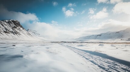 A picturesque snowy valley in Iceland on a winter day, featuring vast expanses of snow-covered terrain, rugged mountainous backdrop, and a serene, untouched landscape.