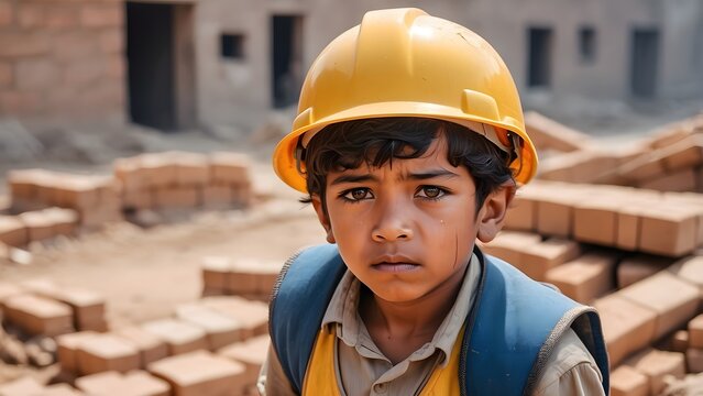 A poor sad boy with tears in eyes, wearing yellow helmet, carrying heavy bricks on his back, working on a construction site, world day against child labor