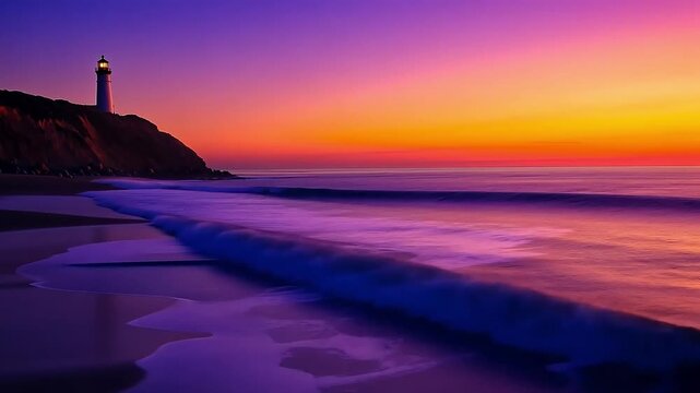 Beautiful, purple and orange sunset over the ocean with gentle waves lapping at the shore, and a lighthouse in the distance.