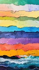 The artwork features vibrant torn paper layers in various colors, showcasing rich textures and an abstract arrangement