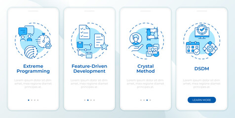 Agile management methodologies blue onboarding mobile app screen. Walkthrough 4 steps editable graphic instructions with linear concepts. UI, UX, GUI template. Montserrat SemiBold, Regular fonts used