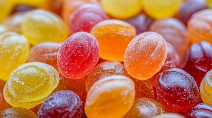 A tasty mix of colorful jelly candies, showcasing a variety of shapes and vibrant hues. The delicious marmalade treats are visually appealing and temptingly sweet.