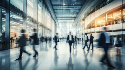 Long exposure shot of crowd of business people walking in bright office lobby fast moving with blurry