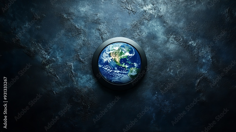 Wall mural an image of earth floating in dark space, with a turn-on button integrated into the planet.