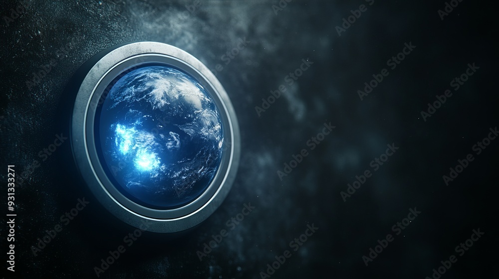 Poster an image of earth floating in dark space, with a turn-on button integrated into the planet.