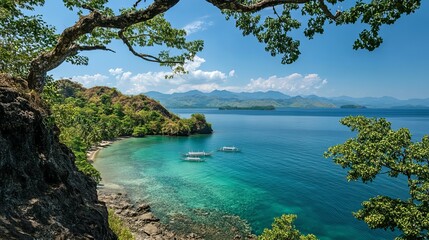 A scenic view of Bagunbanua Island in the Visayas region of the Philippines, showcasing its pristine beaches, clear turquoise waters, and lush tropical surroundings.