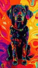 A vibrant, colorful abstract portrait of a dog against a lively background, showcasing artistic expression and canine charm.