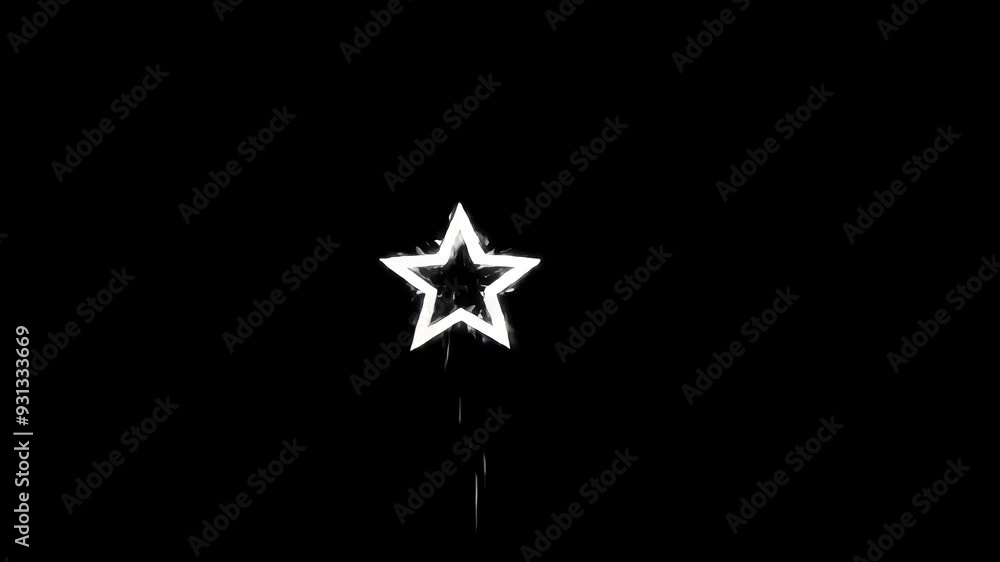 Poster white, glowing star shape on a black screen with a particle effect, simple animation