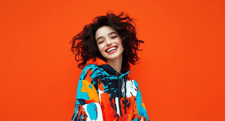 Fototapeta premium Happy young girl in bright hoodie on one tone background. Fall winter shopping, sale concept.