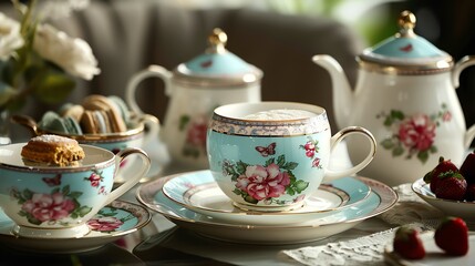 Fototapeta premium Elegant floral tea set with cups, saucers, and teapot on a table, perfect for a cozy tea time with macarons and strawberries.