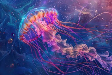 Fototapeta premium A holographic jellyfish, with tentacles flowing gracefully and shifting colors.