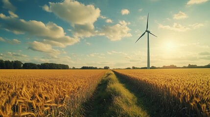A wind turbine standing tall in a field in the Netherlands, surrounded by flat, expansive farmland, symbolizing the country's commitment to renewable energy and sustainable practices.