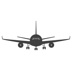 Black Passenger Airplane Silhouette, Front View - Simple Symbol or Icon Design, Isolated on White Background