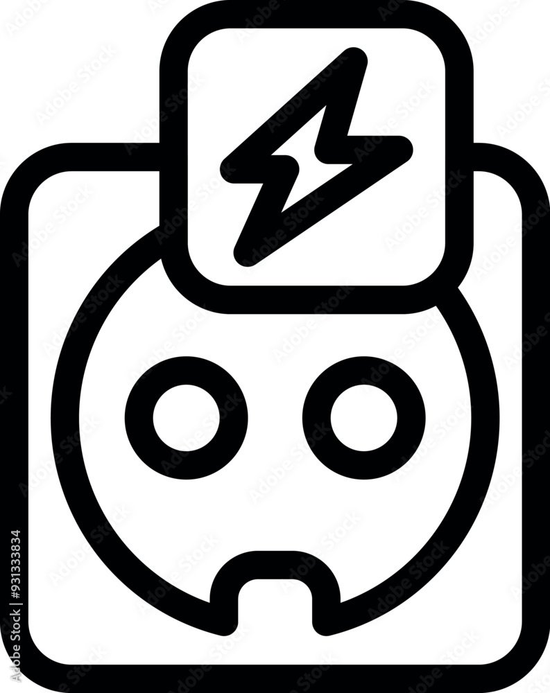 Poster simple line icon of a standard electric socket with a lightning bolt symbol, warning of the dangers 
