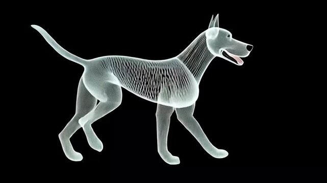 Seamless 3d animation of a dog walking on black background, symbolizing technology and digital world