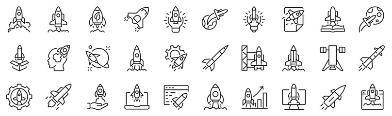 Set of 30 outline icons related to rocket. Linear icon collection. Editable stroke. Vector illustration © SkyLine