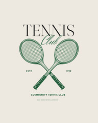 Tennis club logo template. Two crossed tennis rackets. Retro style. Ideal for tennis-themed designs and promotions.