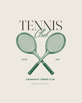 Tennis club logo template. Two crossed tennis rackets. Retro style. Ideal for tennis-themed designs and promotions.