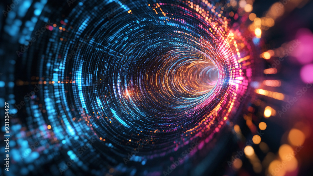Poster digital tunnel with vibrant lights and swirling patterns in a futuristic abstract environment