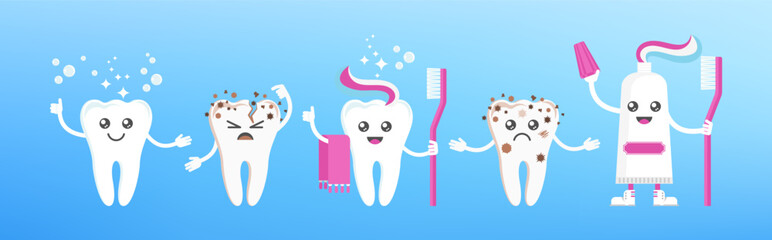 Funny cute smile and sad teeth characters. Dental health.