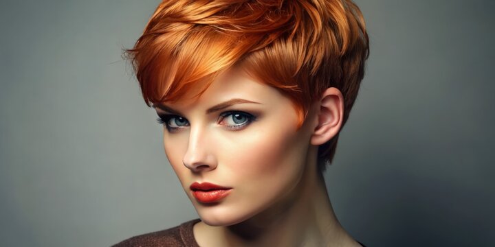 Vibrant copper hues enhance this edgy pixie cut, layered for texture and depth, with subtle masculine undertones and a lively, fiery personality.