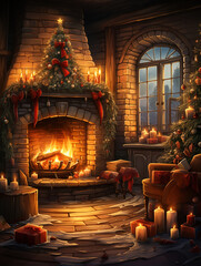 Obraz premium Christmas tree with lights in the cozy living room.