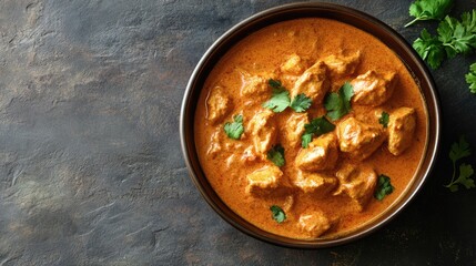 A bowl of rich, creamy butter chicken, with blank space on the top for a message