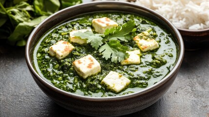 A bowl of rich, creamy palak paneer with rice, with ample space on the side for a message