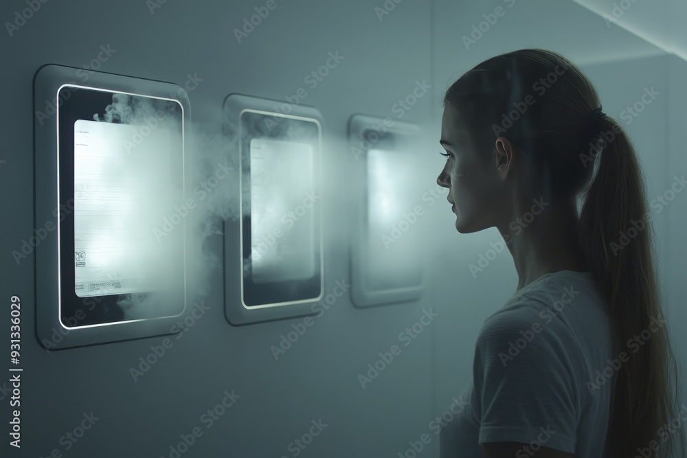 Aufkleber woman interacting with futuristic touch screens in a modern high tech environment symbolizing advanc