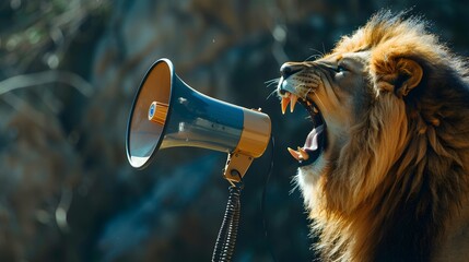 Fototapeta premium Lion roaring on a megaphone. Advertisement concept with wide copy space for text. 