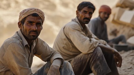 Obraz premium Three men sitting serious expressions outdoor setting laborers dusty environment