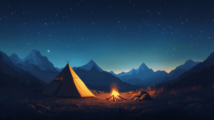 Tent and campfire scene with mountains in the