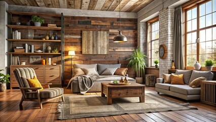 Fototapeta premium Warm and inviting aesthetic combining reclaimed wood, vintage furniture, plush textiles, and earthy tones to create a cozy retreat.
