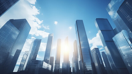 A blue sky with tall buildings, skyscrapers, and office towers in a luxurious business style, with sunshine.