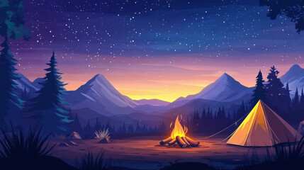 Tent and campfire scene with mountains in the