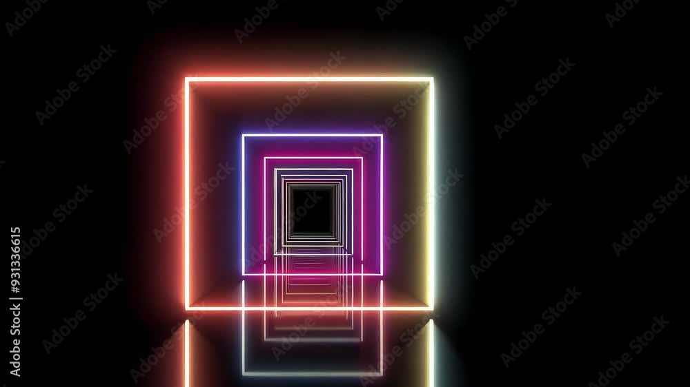 Poster seamlessly looping abstract background with colorful neon tunnel or corridor, glowing lines form geo